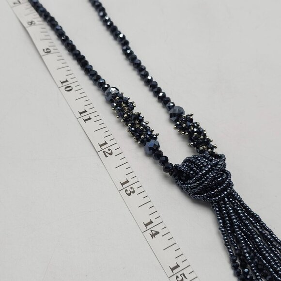 Black Blue Beaded Tassel Necklace With Sparkling Crystal Accents Vintage - Picture 7 of 8